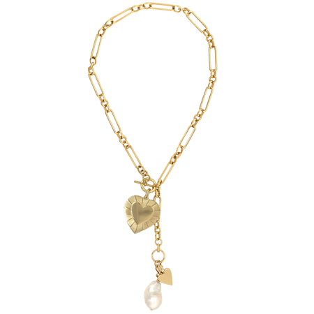 Multi Hearts and Pearl Charm Lariat Chain Necklace  Yellow Gold Plated Chain: 18" Long Large Heart: 1.65" Long X 1.24" Wide Small Heart: 0.92" Long X 0.55" Wide Pearl: 0.90" Long X 0.65" Wide