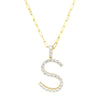 CZ Initial S Necklace on a Paperclip Chain Necklace  Yellow Gold Plated Prong Set CZs Initial: 1.20" Long X 0.96" Wide Chain: 18" Long