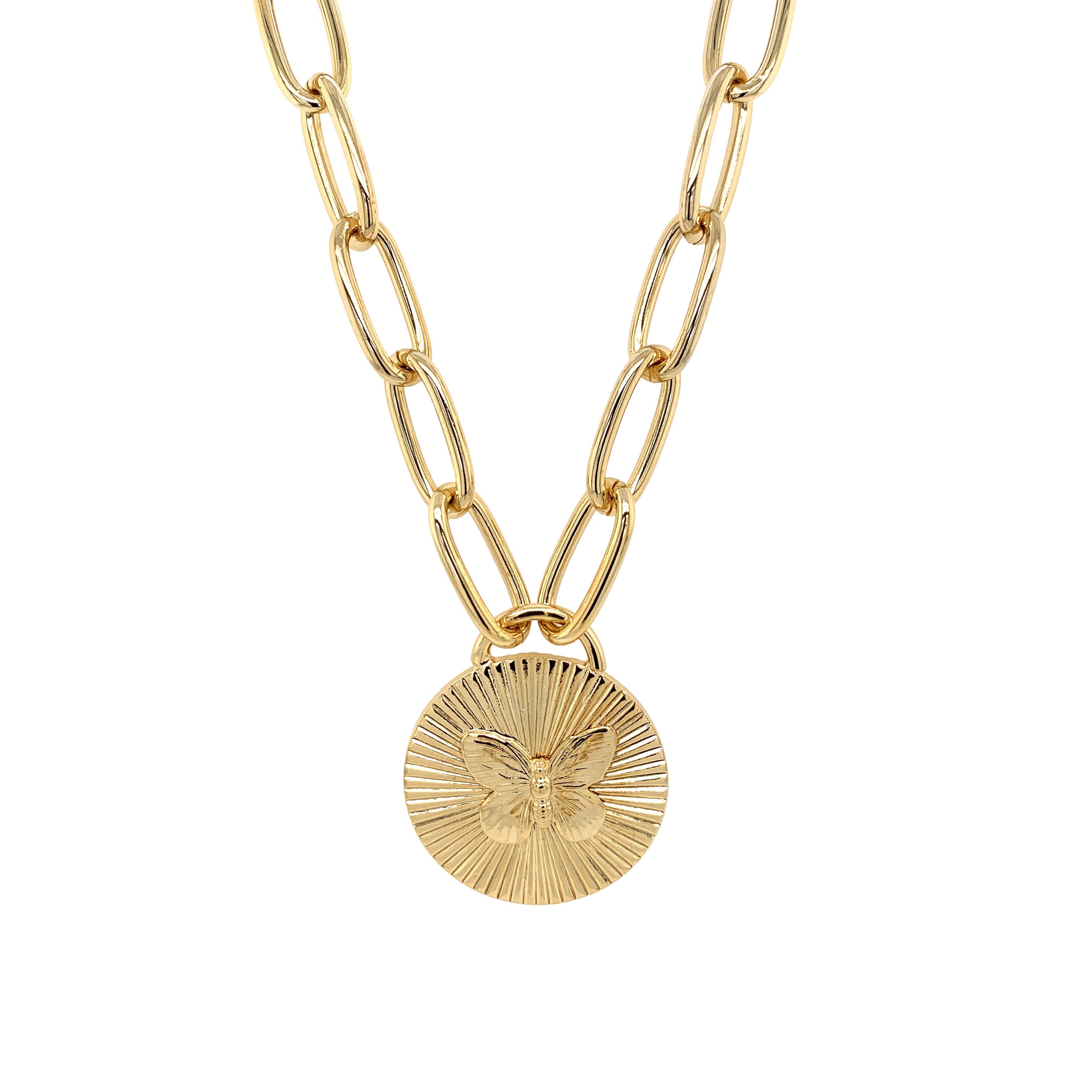 Butterfly Disc Chunky Chain Necklace  Yellow Gold Plated Disc: 1.25" Diameter Chain: 16.5" Long