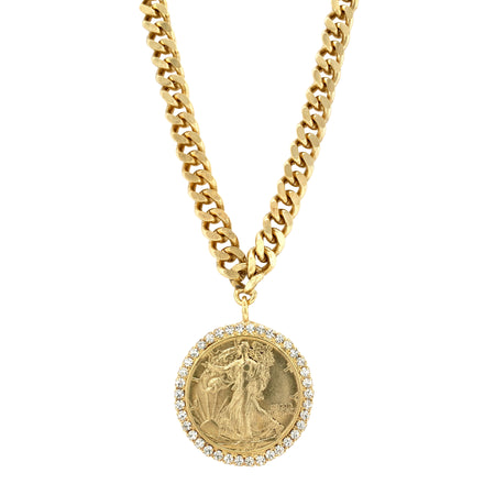 Liberty Coin With Swarovski Crystal Pave Chunky Chain Necklace  Yellow Gold Plated Over Silver Coin: 1.5" Diameter Chain: 16" Long