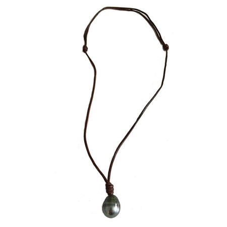 Dark Grey Leather With Grey Pearl Necklace  Cord: 24" Long Pearl: 0.5" Long view 1