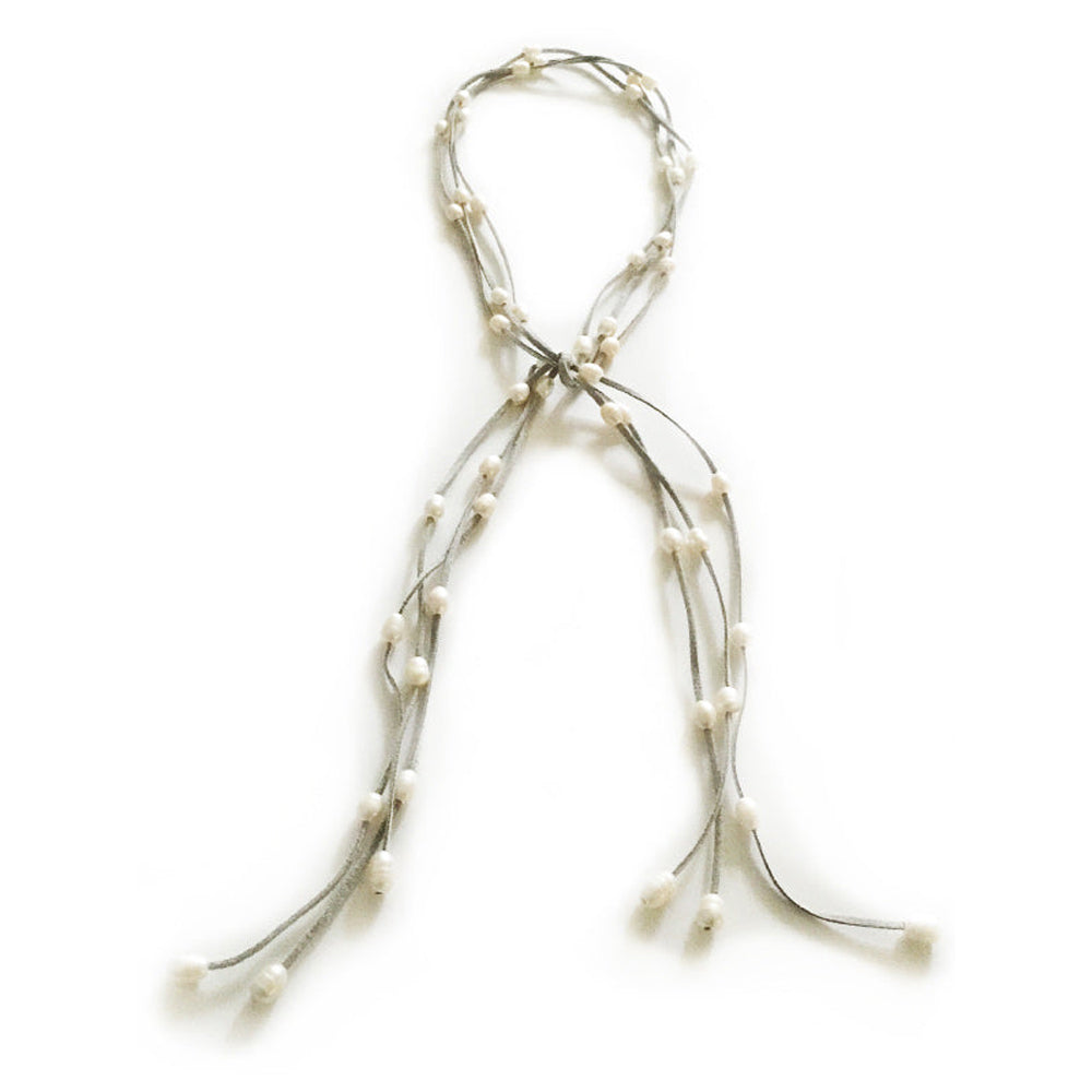 Grey Leather Fresh Water Pearl Lariat  51" Length 3 Strands