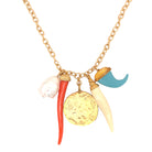 Pearl, Disc, Red, Ivory, and Blue Horn Charm Chain Necklace  Yellow Gold Plated 2.70" Longest Horn Disc: 1.28" Diameter 32" Chain Length