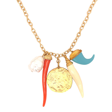 Pearl, Disc, Red, Ivory, and Blue Horn Charm Chain Necklace  Yellow Gold Plated 2.70" Longest Horn Disc: 1.28" Diameter 32" Chain Length