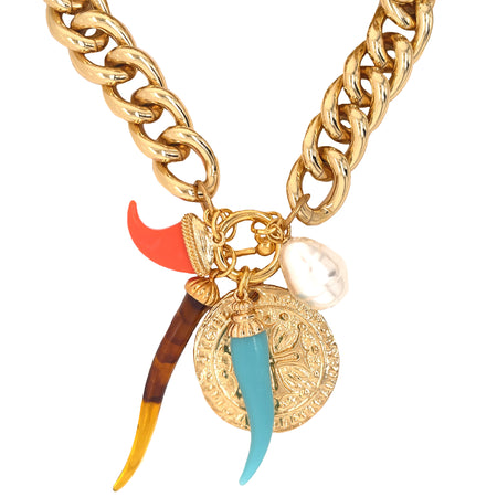 Blue, Red, Brown Horn, Coin Disc, and Pearl Charm Chunk Chain Necklace  Yellow Gold Plated 2.60" Longest Horn Coin Disc: 1.70" Diameter 19" Long