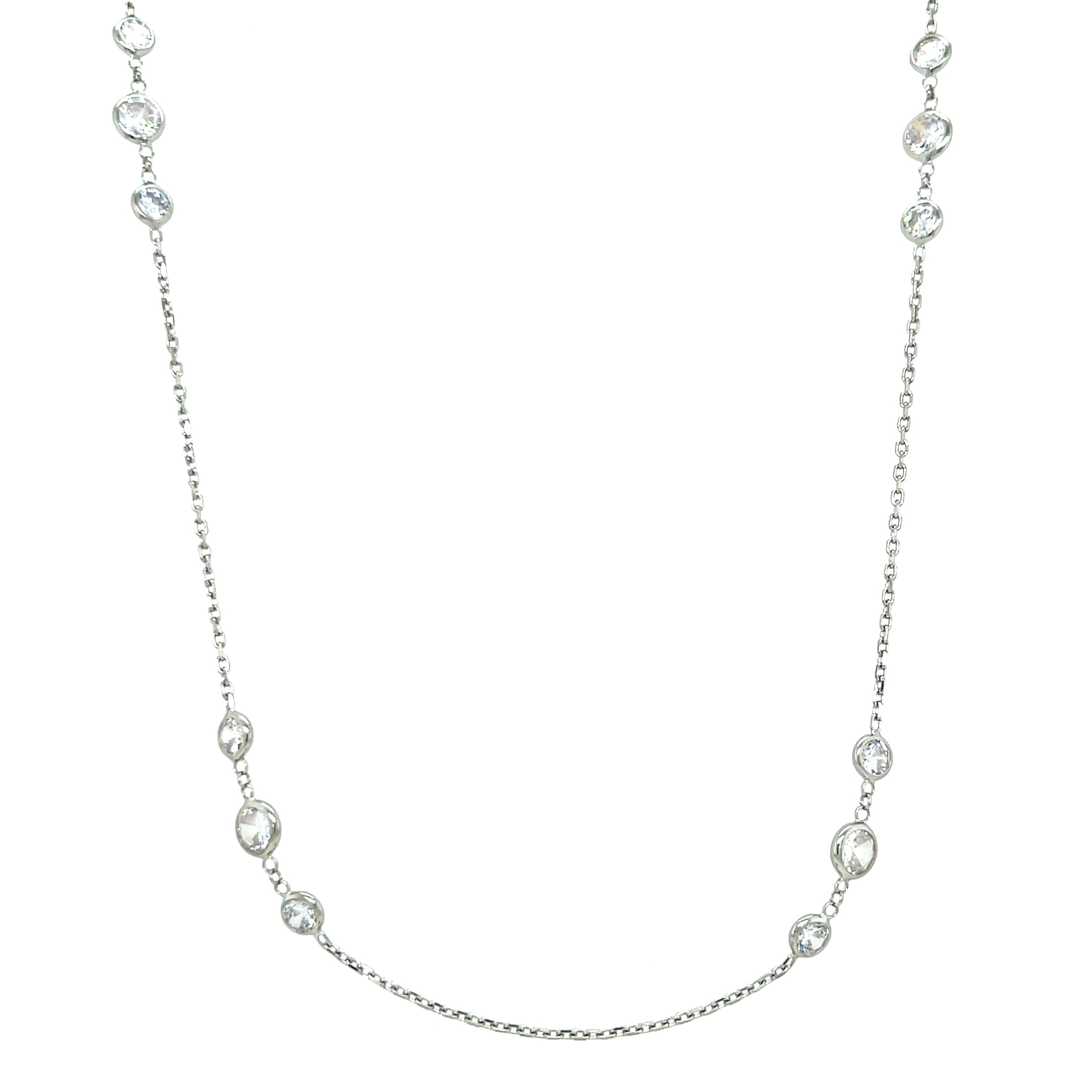 Three Bezel Set Stone Station Chain Necklace  White Gold Plated Over Silver 18" Long