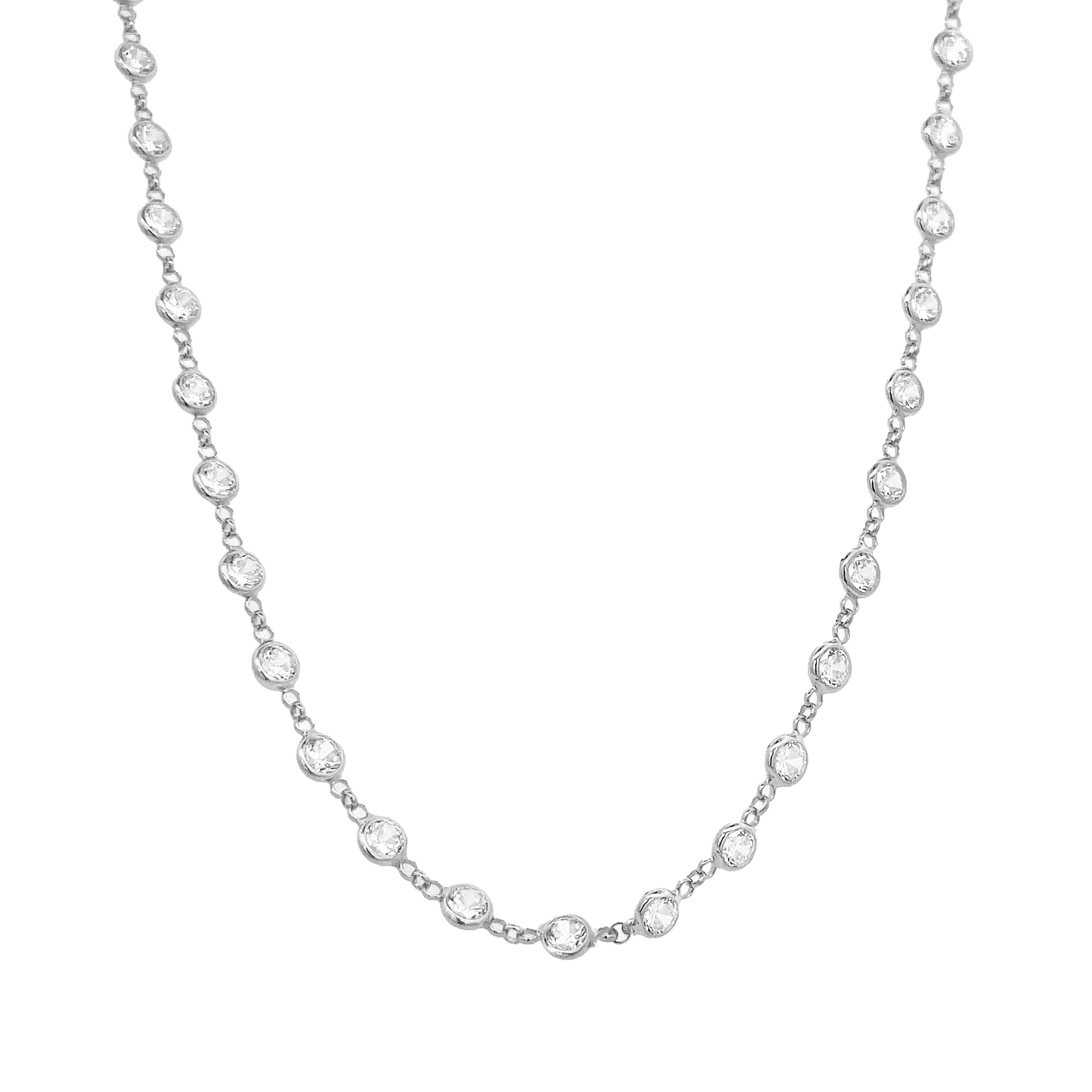 Crystal Station Necklace   White Gold Plated Over Silver  Cubic Zirconia 36.0" Length 