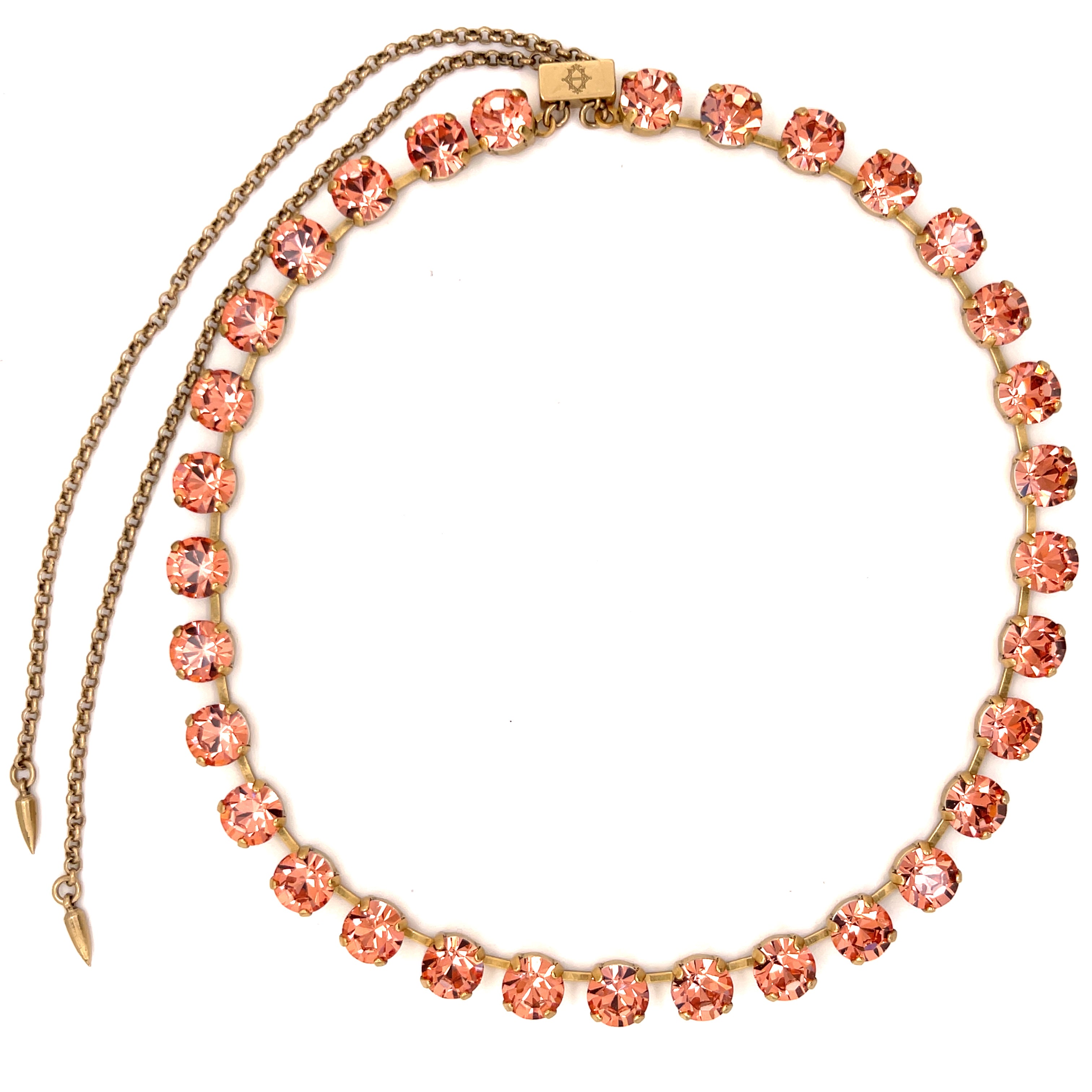 Apricot Crystal Stone Slider Adjustable Necklace  18K Antiqued Gold Finish Stone: 8- 8.5 MM Each Prong Set Crystals 26" Long, 15" at the shortest length