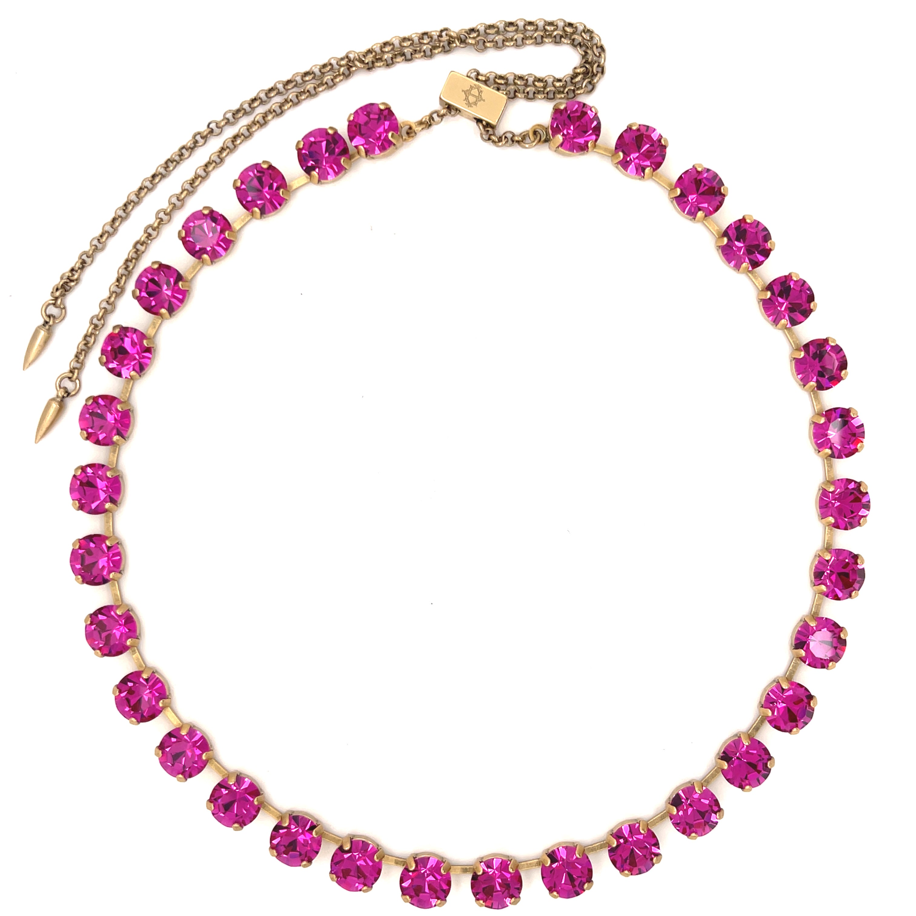 Fuchsia Crystal Stone Slider Adjustable Necklace  18K Antiqued Gold Finish 15-26" Length Stones: 8.5" Diameter Prong Set Crystals