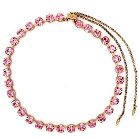 Pink Crystal Stone Slider Adjustable Necklace  18K Antiqued Gold Finish Stone: 8- 8.5 MM Each Prong Set Crystals 26" Long, 15" at the shortest length