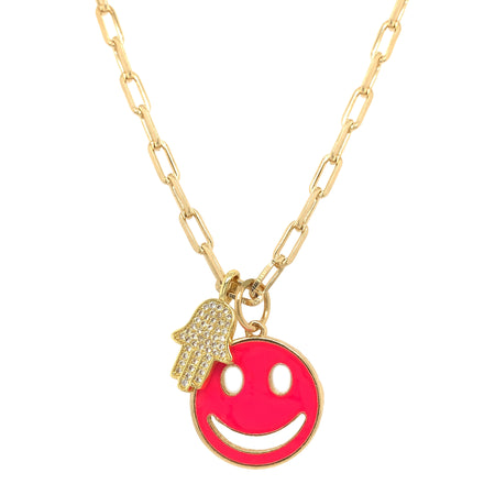 Gold Plated Neon Pink Enamel Smiley Face and CZ Hamsa Charm on Paperclip Chain Necklace  Yellow Gold Filled Smile: 0.78" Diameter Hamsa: 0.56" Long X 0.44" Wide Chain: 16" Long view 1