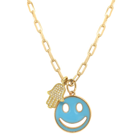 Gold Plated Turquoise Enamel Smiley Face and CZ Hamsa Charm on Paperclip Chain Necklace  Yellow Gold Filled Smile: 0.78" Diameter Hamsa: 0.56" Long X 0.44" Wide Chain: 16" Long