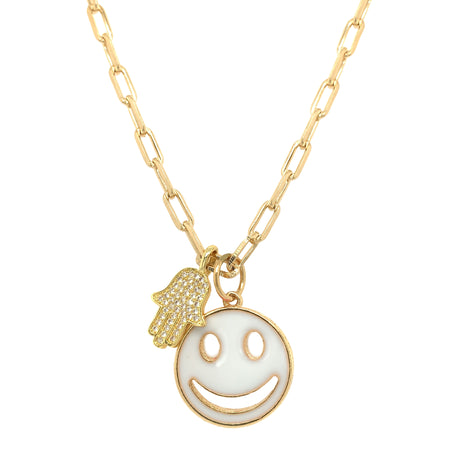Gold Plated White Enamel Smiley Face and CZ Hamsa Charm on Paperclip Chain Necklace  Yellow Gold Filled Smile: 0.78" Diameter Hamsa: 0.56" Long X 0.44" Wide Chain: 16" Long view 1