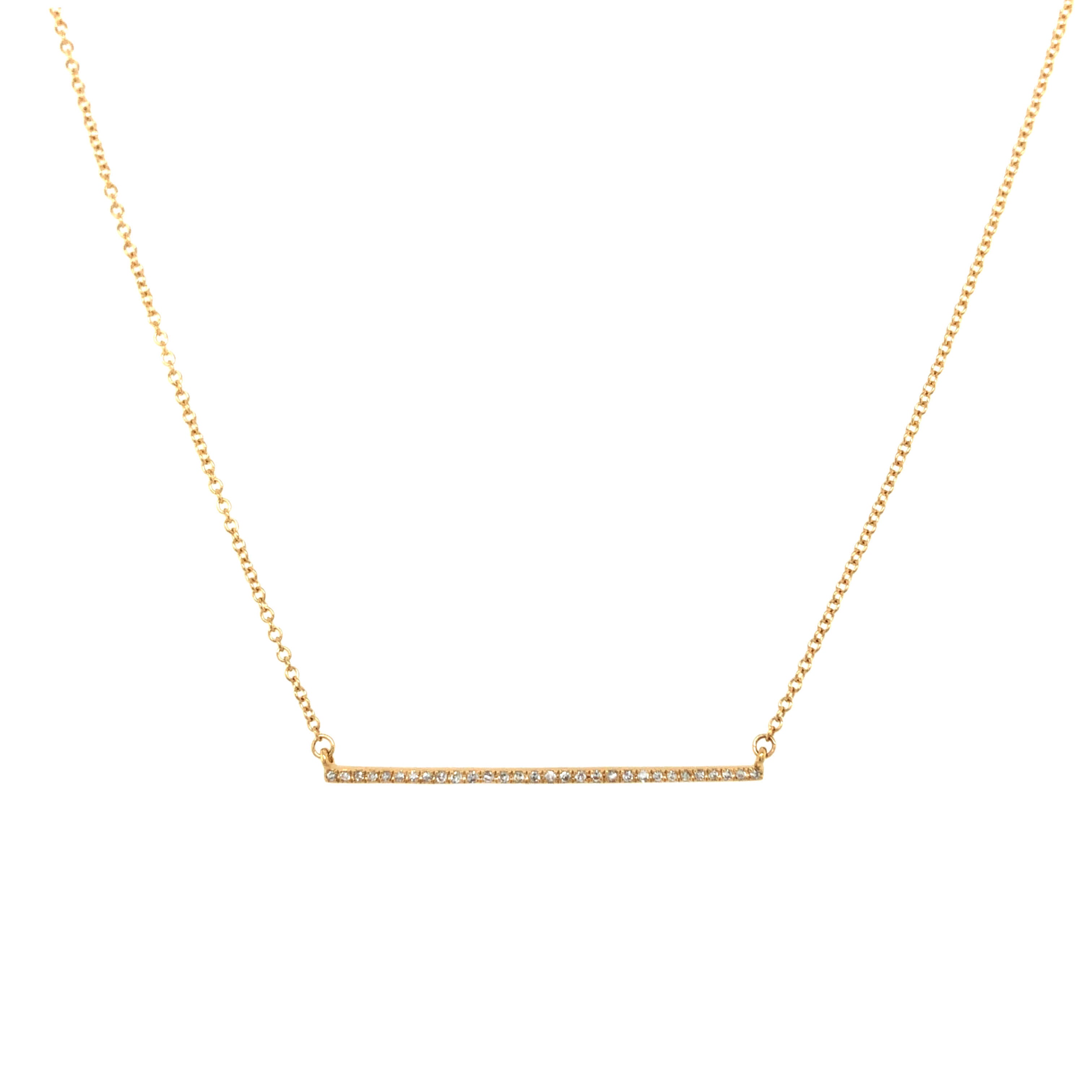 14K Gold Pave Diamond Bar Necklace  14K Yellow Gold 0.07 Diamond Carat Weight Chain: 16-18" Length Bar: 1.25" Length X 0.04" Width