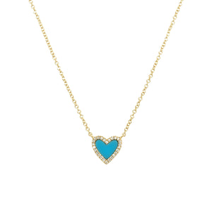 Diamond & Turquoise Heart Pendant Chain Necklace  14K Yellow Gold 0.06 Carats of Diamonds 0.13 Carats of Turquoise 15.5-17.5" Chain Length Heart: 5/16" Length X 1/4" Width 