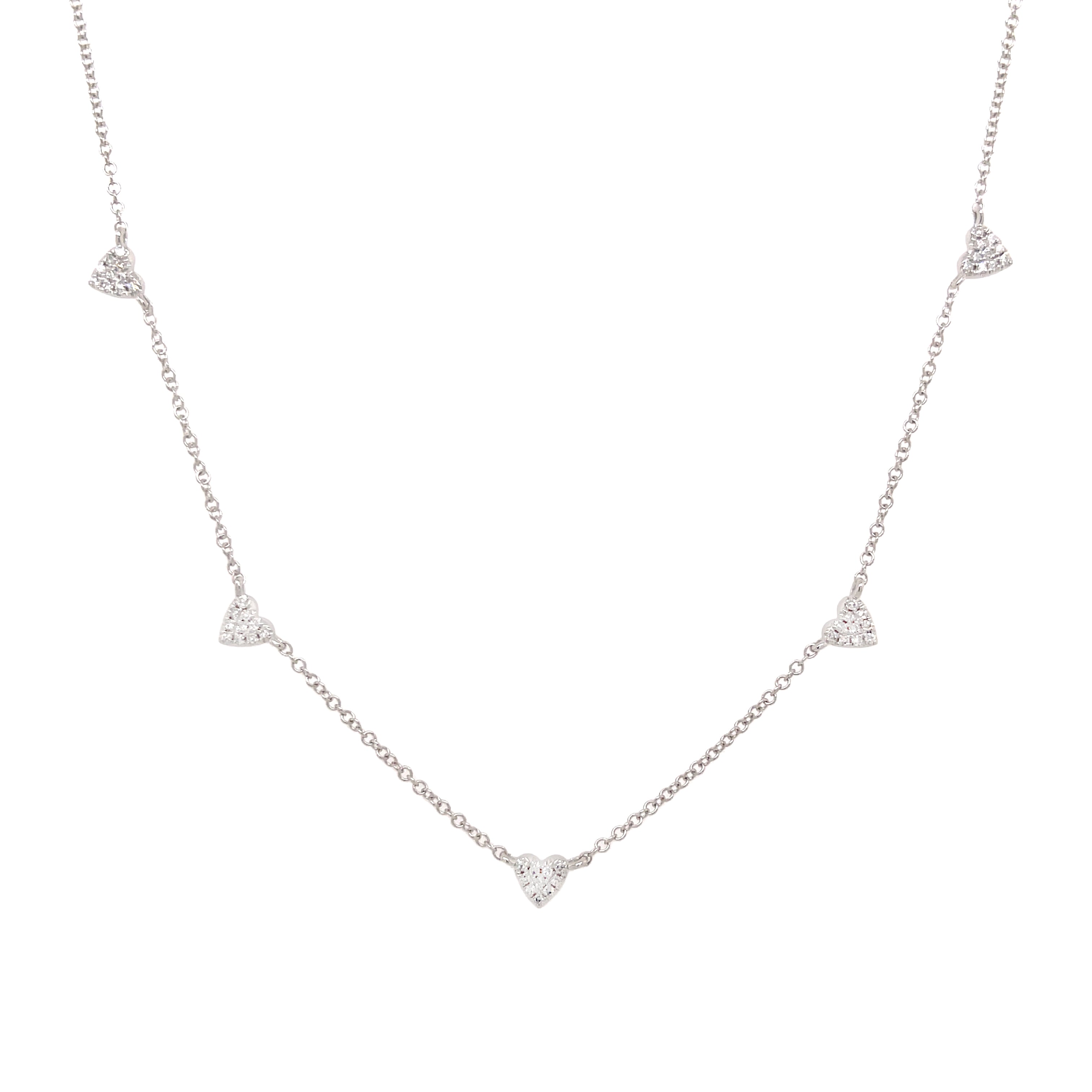 White Gold Diamond Heart Station Necklace  14K White Gold 0.14 Diamond Carat Weight Chain: 16-18" Length Hearts: 0.18" Diameter 16-18" Adjustable Chain