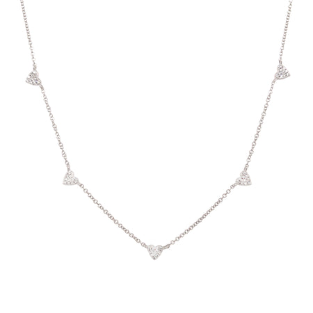 White Gold Diamond Heart Station Necklace  14K White Gold 0.14 Diamond Carat Weight Chain: 16-18" Length Hearts: 0.18" Diameter 16-18" Adjustable Chain