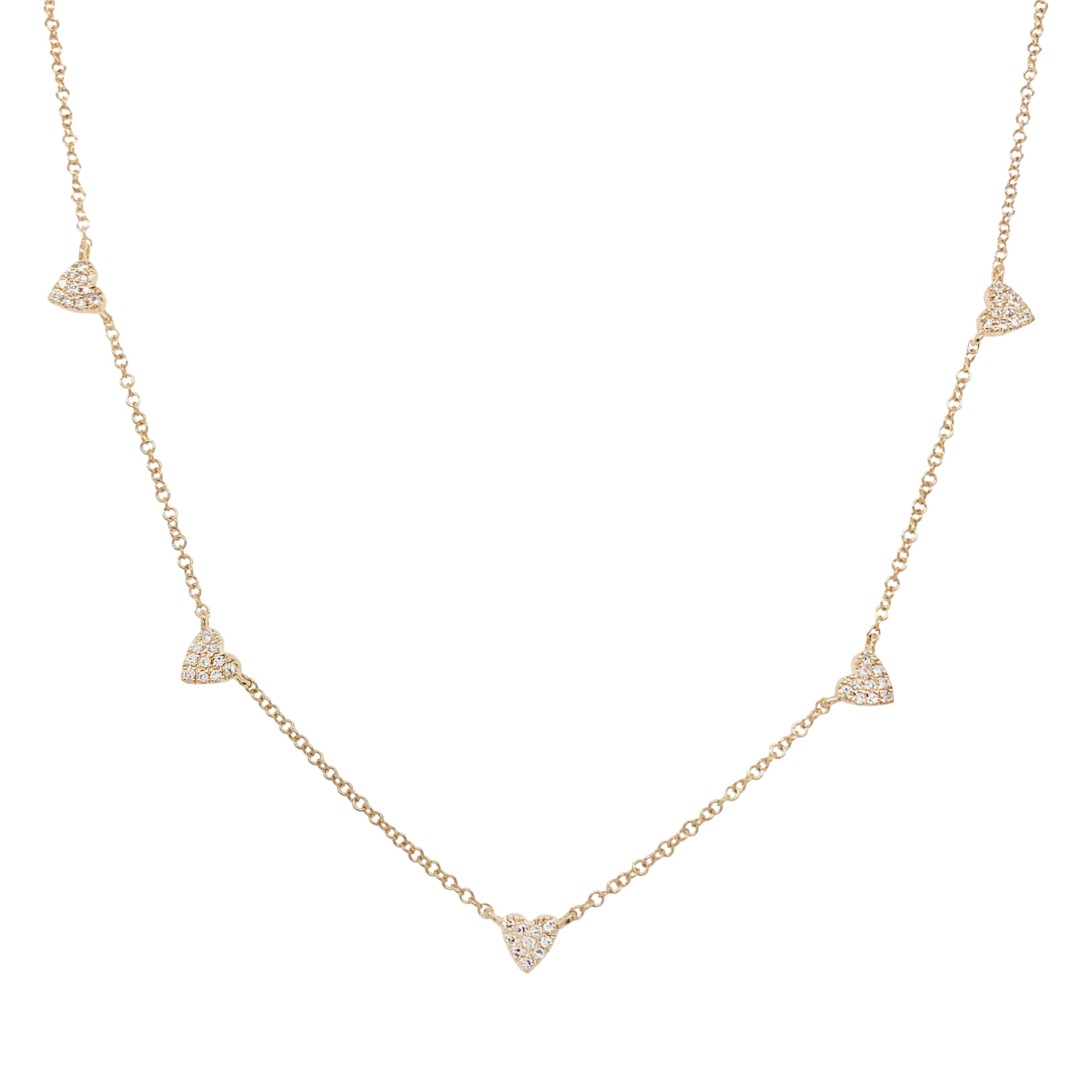 Yellow Gold Diamond Heart Station Necklace  14K Yellow Gold 0.14 Diamond Carat Weight Hearts: 0.18" Diameter 16-18" Adjustable Chain