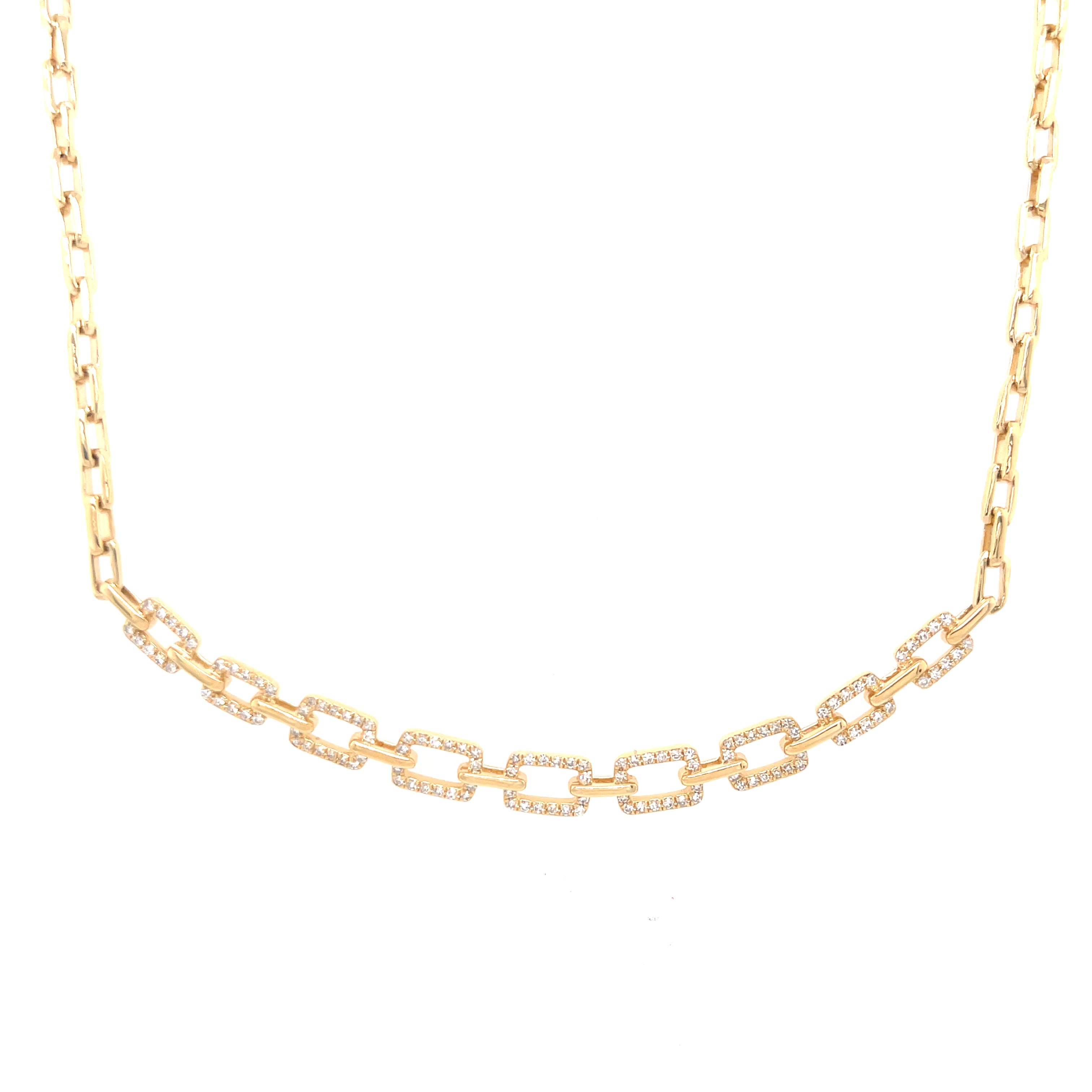 Gold Pave Diamond Link on Paperclip Chain Necklace  14K Yellow Gold 0.33 Diamond Carat Weight Chain: 16" Length Curved Section: 2.82" Length X 0.19" Thick