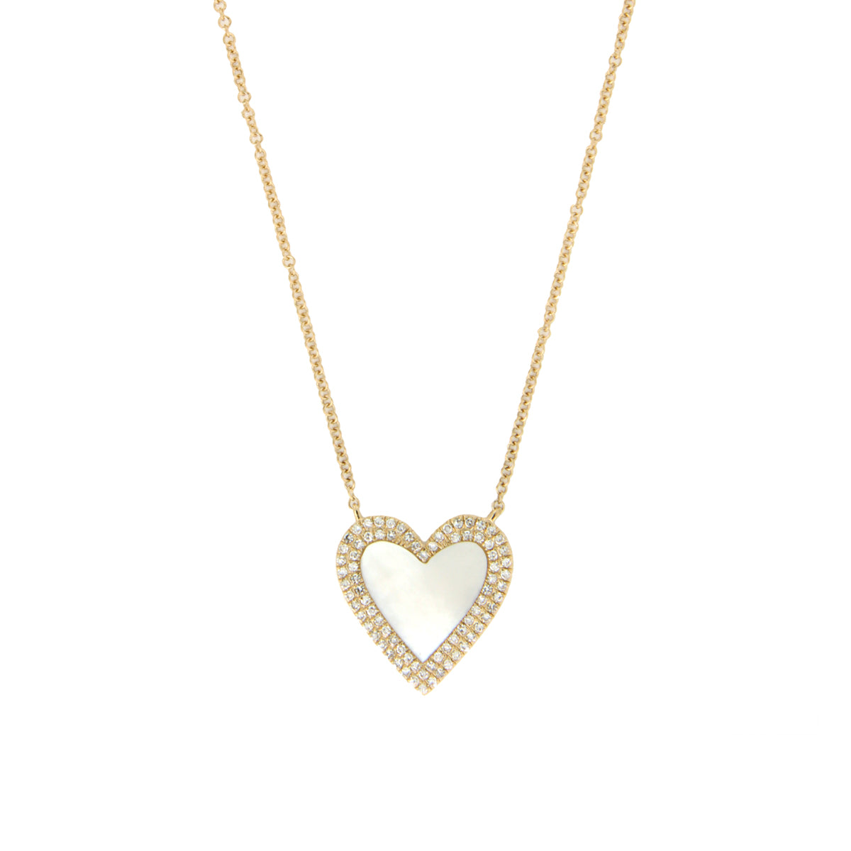 Diamond & Mother of Pearl Heart Chain Necklace  14K Yellow Gold 0.89 Mother of Pearl Carat Weight 0.20 Diamond Carat Weight 15-17" Length Heart: 0.60" 