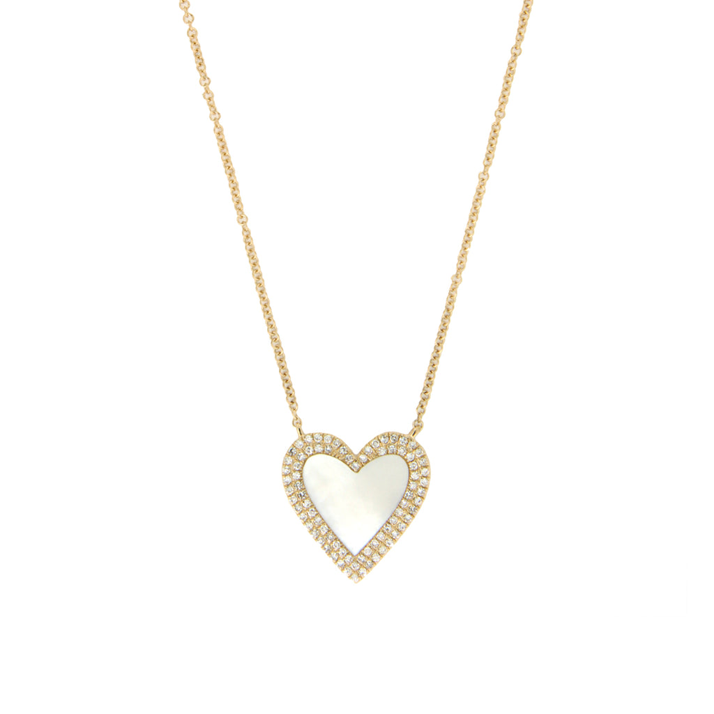 Diamond & Mother of Pearl Heart Chain Necklace  14K Yellow Gold 0.89 Mother of Pearl Carat Weight 0.20 Diamond Carat Weight 15-17" Length Heart: 0.60" 