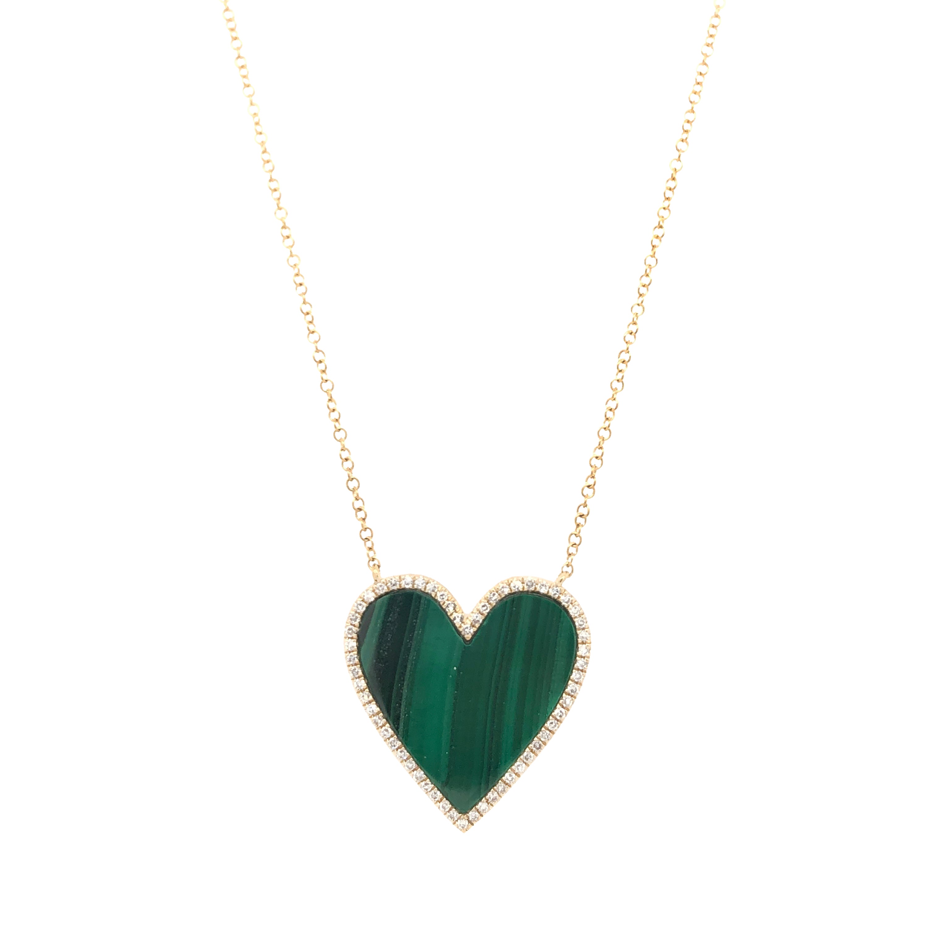 Pave Diamond Outline & Malachite Heart Chain Necklace  14K Yellow Gold 3.55 Malachite Carat Weight 0.18 Diamond Carat Weight Chain: 15-17" Length Heart: 0.80" Length X 0.75" Width