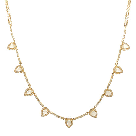 14K Gold Diamond and Moonstone Double Chain Necklace  14K Yellow Gold 0.47 Diamond Carat Weight 1.20 Moonstone Carat Weight Moonstones: 0.26" Long X 0.20" Wide Design: 6" Length Chain: 16-18" Length
