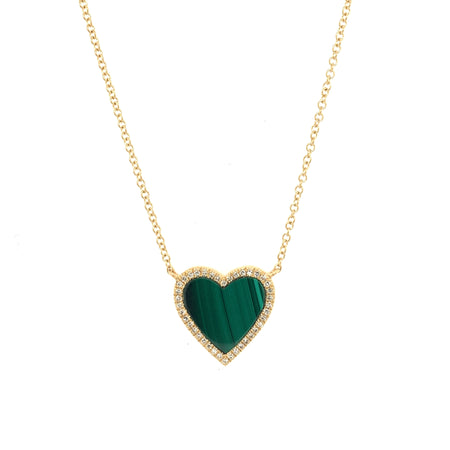 Malachite & Diamond Heart Chain Necklace  14K Yellow Gold 0.10 Diamond Carat Weight 0.85 Malachite Carat Weight Heart: 0.52" Length X 0.52" Width Chain: 15.5"-17.5" Long