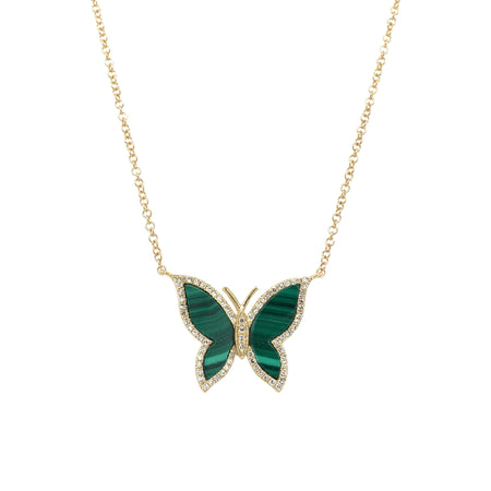 Pave Diamond & Malachite Butterfly Necklace  14K Yellow Gold 0.89 Malachite Carat Weight 0.15 Diamond Carat Weight Chain: 16-18" Long Butterfly: 0.53" Long X 0.63" Wide