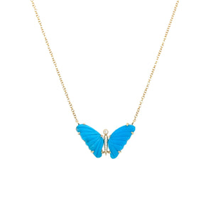 Gold Turquoise & Diamond Butterfly Necklace  14K Yellow Gold 0.02 Diamond Carat Weight 3.61 Turquoise Carat Weight Chain: 16-18" Long Butterfly: 0.50" Long X 0.84" Wide