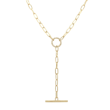 Diamond Circle and Bar Lariat Paperclip Chain Necklace   14K Yellow Gold 18" Length 0.35" Circle  0.75" Bar