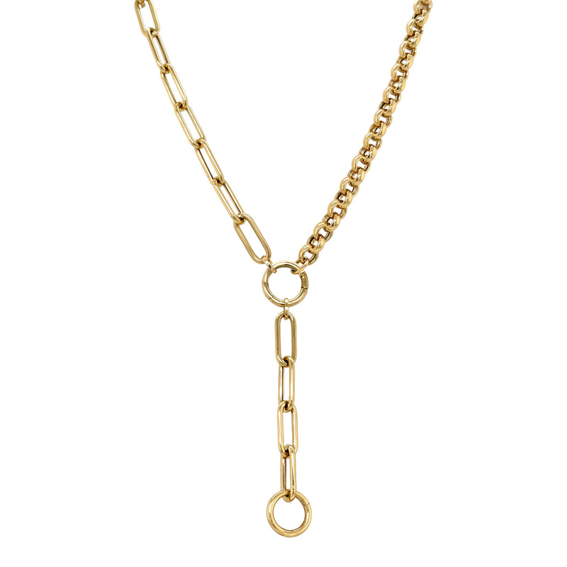 14K Gold Paperclip & Rolo Chain Lariat Necklace with Charm Holders  14K Yellow Gold  18" Length  Drop Chain: 3.0" Length Charm Holders: 0.48" Diameter