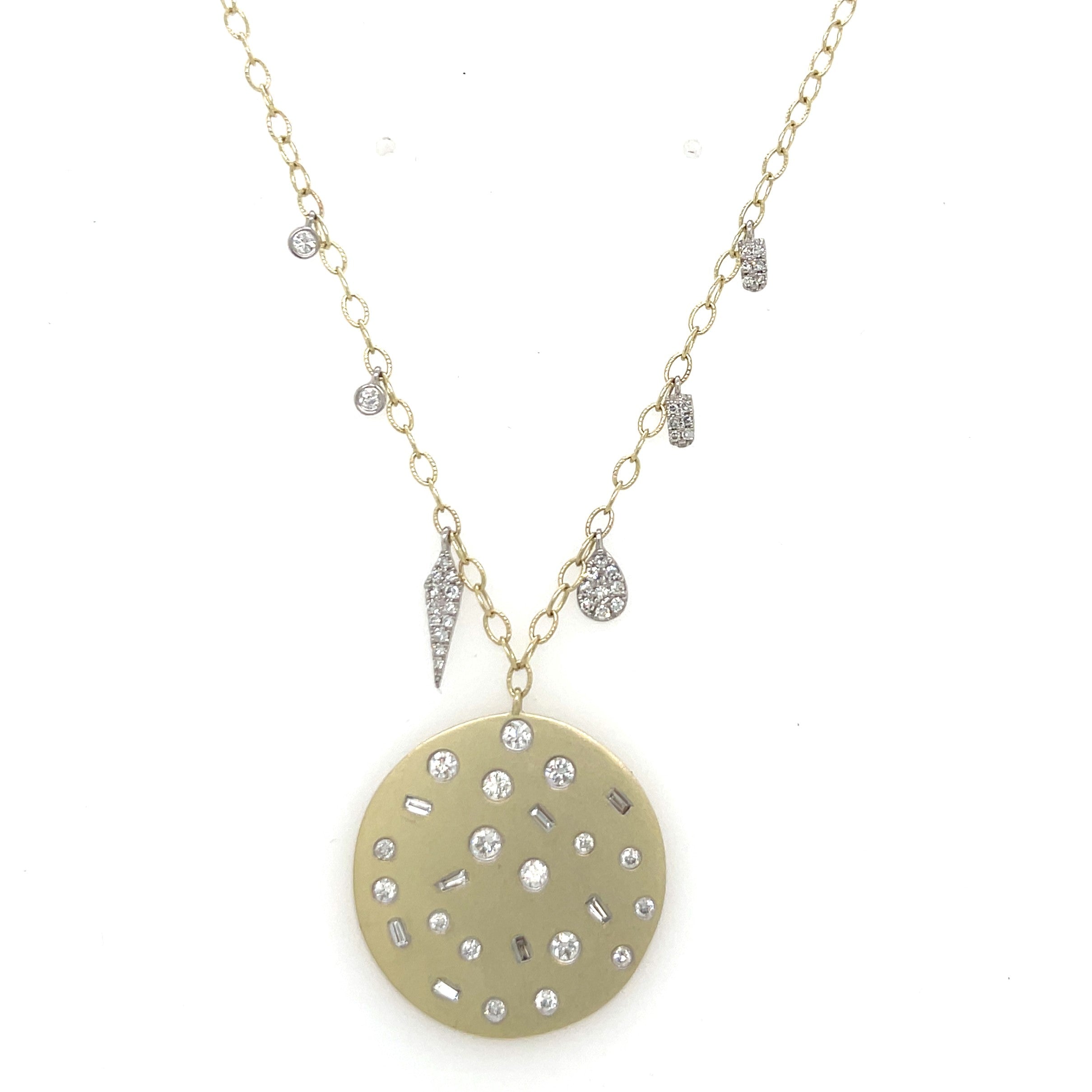 14K Gold Pendant on Delicate Chain with Pave Diamond Charms  14K Yellow Gold 0.23 Diamond Carat Weight Chain: 16-18" Length Disc: 0.95" Diameter