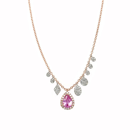 Teardrop Pink Sapphire on Delicate Rose Gold Chain with Pave Diamond Charms  14K Rose Gold 0.68 Pink Sapphire Carat Weight 0.28 Diamond Carat Weight Chain: 16-18" Length Pink Sapphire: 0.43" Length X 0.27" Width