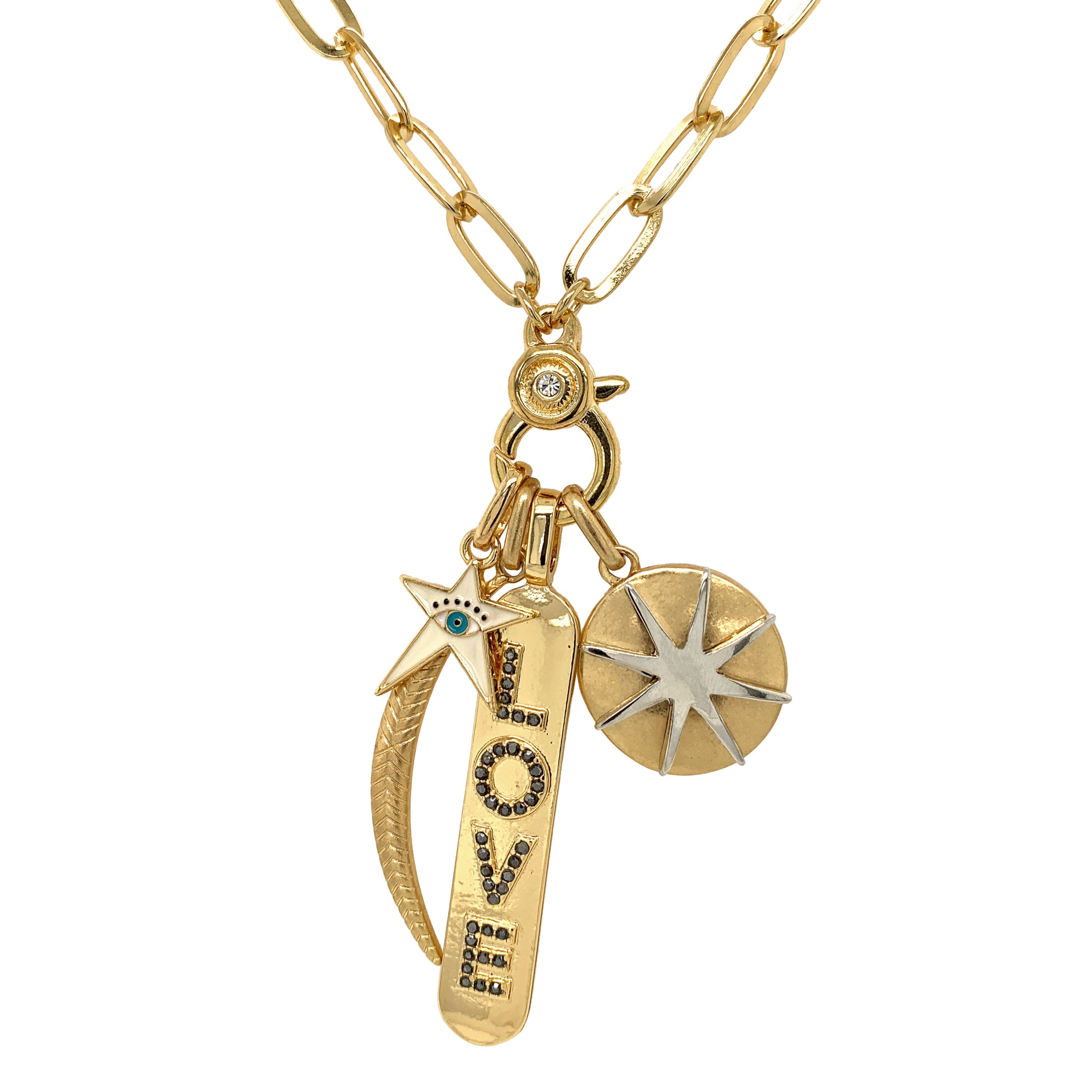 Star, Moon, Love Bar Charm Necklace  Yellow Gold Plated Chain: 36" Long LOVE: 2'' Long Moon: 2'' Long Starburst: 1'' Diameter White star: 0.5'' Diameter