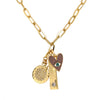 Heart, Disc, Tag Faux Diamond Charm Necklace  14K Yellow Gold Plated Chain: 18" Long Bar: 1" Long  Heart: 0.75" Diameter Disc: 0.75" Diameter