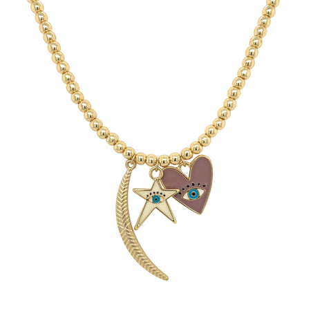 Moon, Ivory Star, & Lavender Enamel Heart Charm Bead Stretch Necklace  Yellow Gold Plated 14" Long  Heart Charm 0.7" Length X 0.7" Width Star Charm 0.8" Length X 0.6" Width Moon Charm 1.6" Length X 0.2" Width 4MM Yellow Gold Plated Beads May also be worn as a bracelet