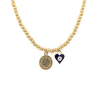 Black Enamel Heart With Center Evil Eye & Pave Crystal Disc Charm Bead Stretch Necklace   Yellow Gold Plated Chain: 14" Long Heart: 0.5" Length X 0.4" Width Disc: 0.5" Diameter Beads: 4MM Diameter May also be worn as a bracelet