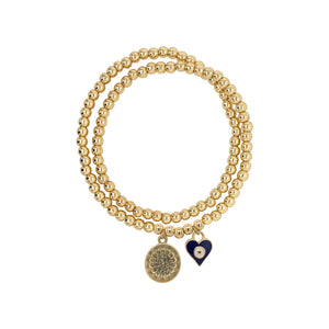 Black Enamel Heart With Center Evil Eye & Pave Crystal Disc Charm Bead Stretch Necklace   Yellow Gold Plated Chain: 14" Long Heart: 0.5" Length X 0.4" Width Disc: 0.5" Diameter Beads: 4MM Diameter May also be worn as a bracelet