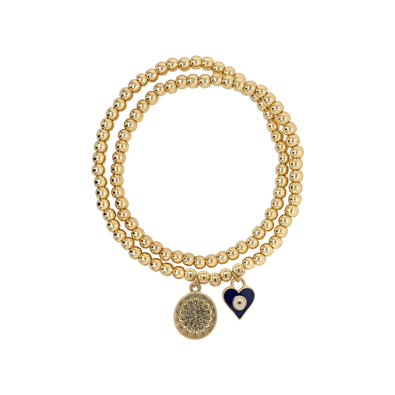 Black Enamel Heart With Center Evil Eye & Pave Crystal Disc Charm Bead Stretch Necklace   Yellow Gold Plated Chain: 14" Long Heart: 0.5" Length X 0.4" Width Disc: 0.5" Diameter Beads: 4MM Diameter May also be worn as a bracelet