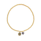 Black Enamel Heart With Center Evil Eye & Pave Crystal Disc Charm Bead Stretch Necklace   Yellow Gold Plated Chain: 14" Long Heart: 0.5" Length X 0.4" Width Disc: 0.5" Diameter Beads: 4MM Diameter May also be worn as a bracelet