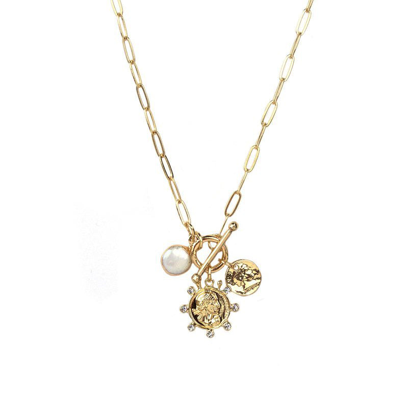 Multi Coin Crystal and Pearl Charm Chain Necklace  Yellow Gold Plated Chain: 16" Long With Toggle Closure Charms: 0.40-0.75" Diameter