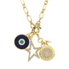 Pave & Blue Enamel Eye Disc Star Charm Necklace  Yellow Gold Plated 16" Long