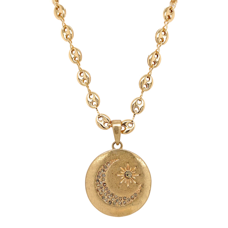 Yellow Gold Over Silver Pave Moon and Star Necklace on Anchor Chain  Yellow Gold Plated Over Silver Pave Set CZs 16" Long