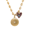 Evil Eye Heart Enamel & Disc With CZ Center Stone Charms On An Anchor Link Necklace  Yellow Gold Plated Over Silver 16" Long