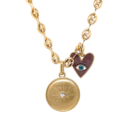 Evil Eye Heart Enamel & Disc With CZ Center Stone Charms On An Anchor Link Necklace  Yellow Gold Plated Over Silver 16" Long view 1