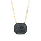 Pave Black CZ Plate Pendant Statement Link Chain Necklace  The black CZ stones on the pendant are set in a pave style, creating a unique look that exudes confidence and style. The pendant hangs gracefully from the link chain, adding a touch of sophistication to your look. Make a bold statement with this edgy and chic pendant necklace!  Yellow Gold Plated 1.32" Long X 1.52" Wide 16.5" Long