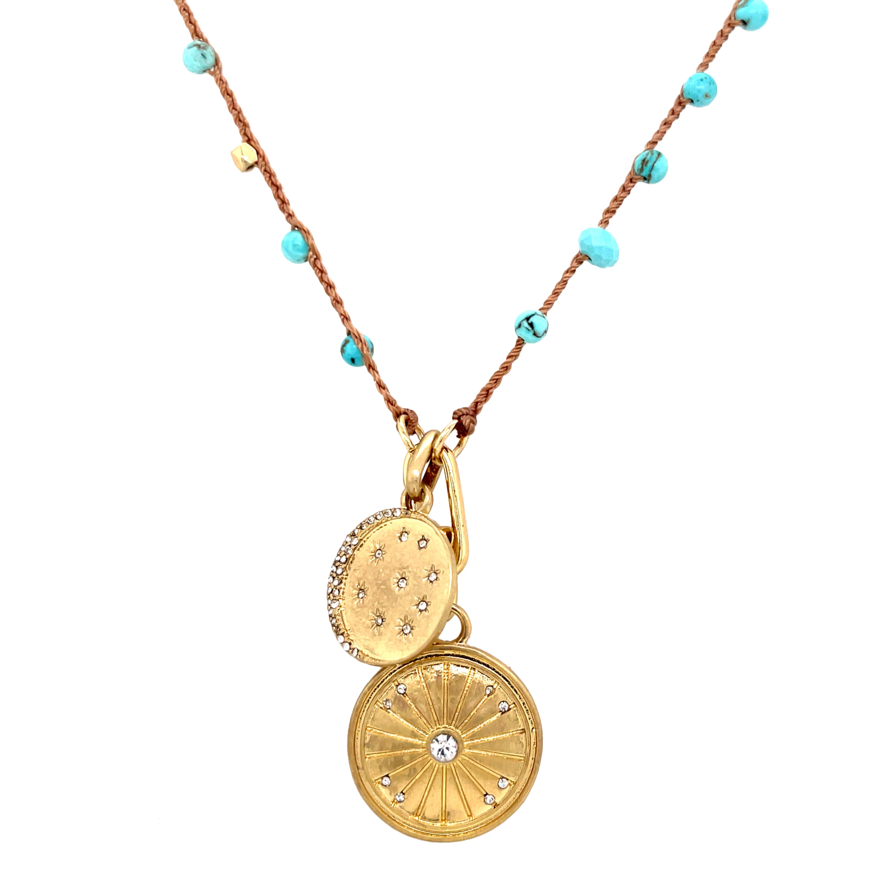 Double Disc CZ Charms On Faux Turquoise Bead Braided String Necklace  Yellow Gold Plated Sunburst Charm: 0.97 Inches in  Diameter Moon & Star Charm: 0.77 Inches in Diameter 32 Inches Long