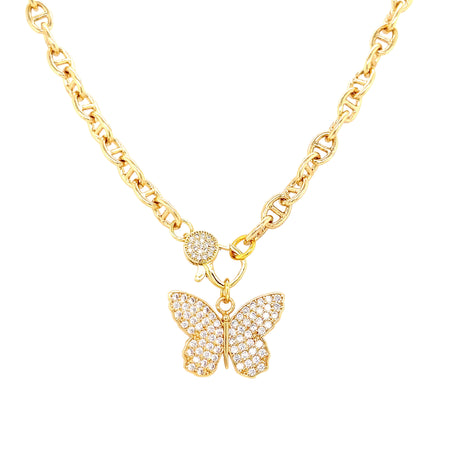 Pave CZ Butterfly Anchor Link Necklace with Clasp  Yellow Gold Plated Butterfly: 0.67" Long X 0.91" Wide Chain: 17" Long
