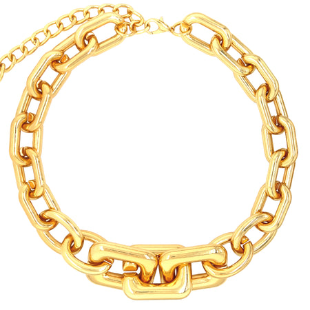Large Gold Oval & Square Hollow Linked Statement Necklace  Yellow Gold Plated 16-20" Length 1.0-1.5" Width